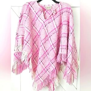 🌟NWOT Pink Plaid Fringe Poncho Sweater Wrap Boho-  One Size - Made In Ireland🌟